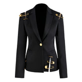 Women's Luxury Black Gold Safety Pin Blazer – Modern Formal Wear for Special Occasions